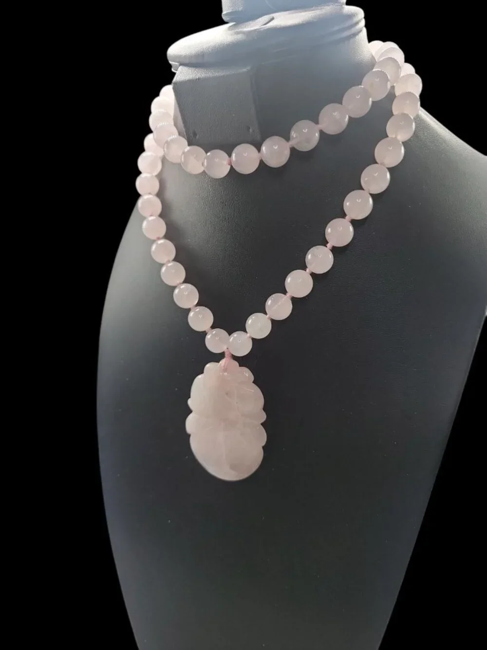 Chinese Rose Quartz Hand Knotted Mala Lotus Design Necklace 28